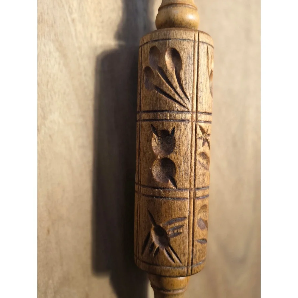 Vintage Hand Carved Wooden Springerle Rolling Pin Owl Star Folk Art Cookie Stamp